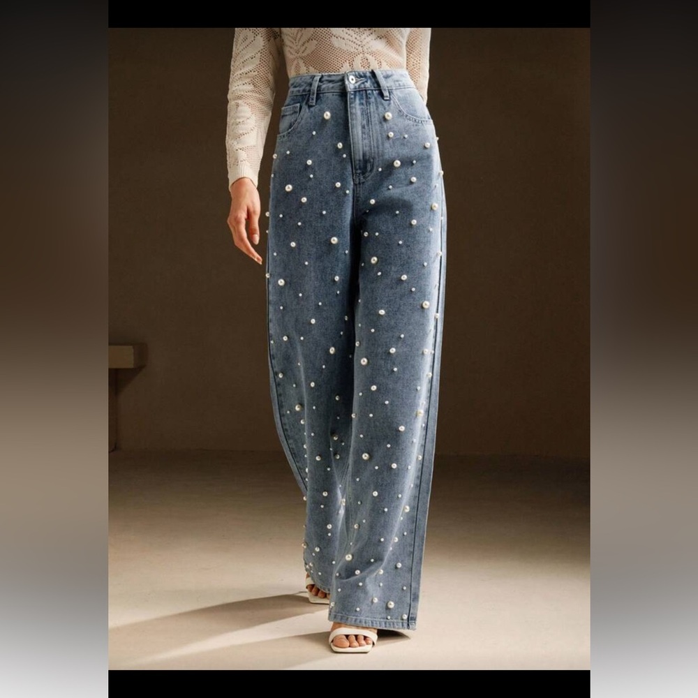 Pearl Embellished Wide-Leg Jeans